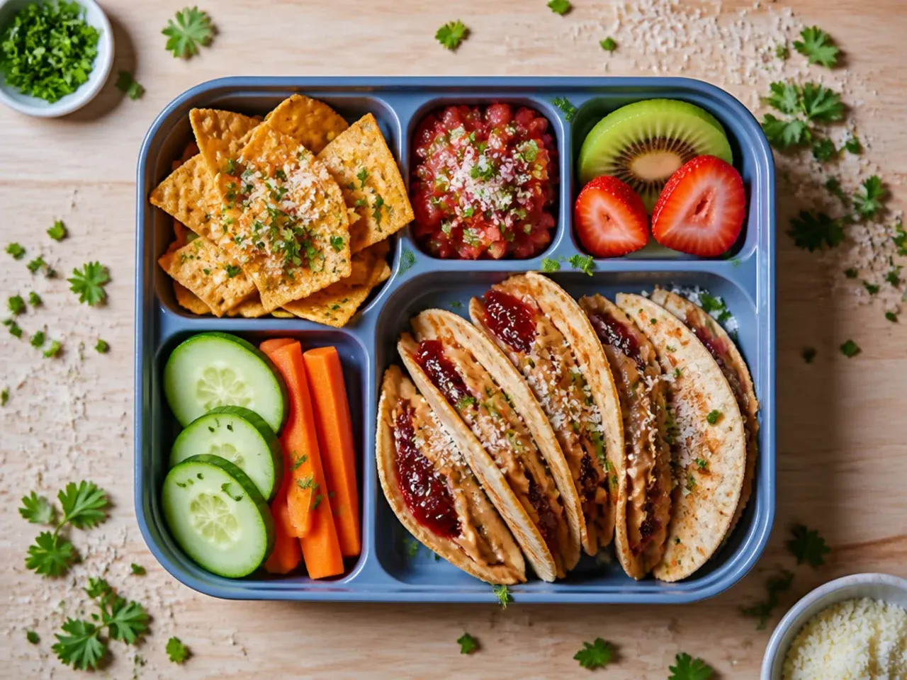 Folded peanut butter and jam tortilla taco next to apple slices in a bento box