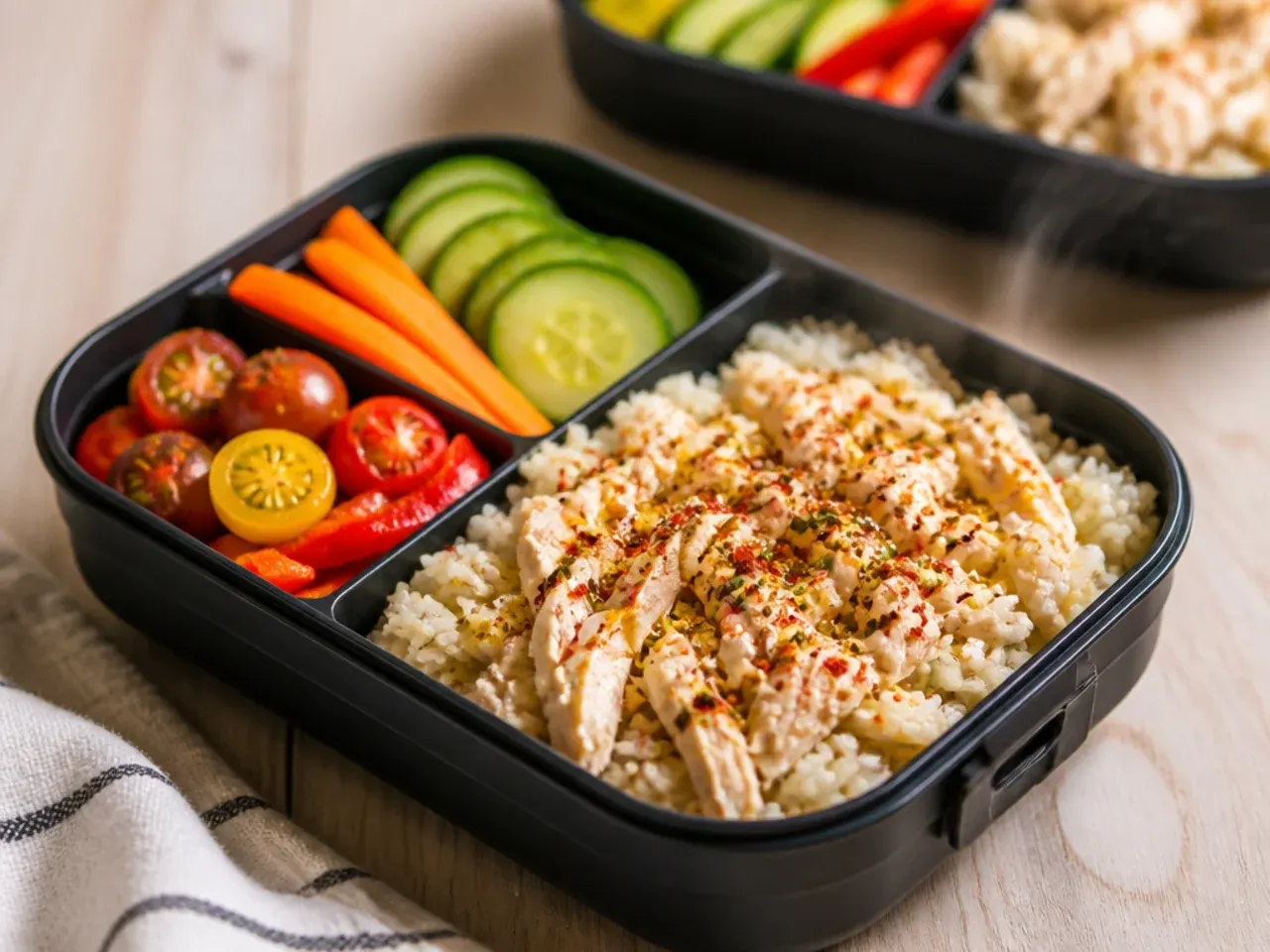 Leftover chicken and rice packed into a bento box compartment with peas and cucumber