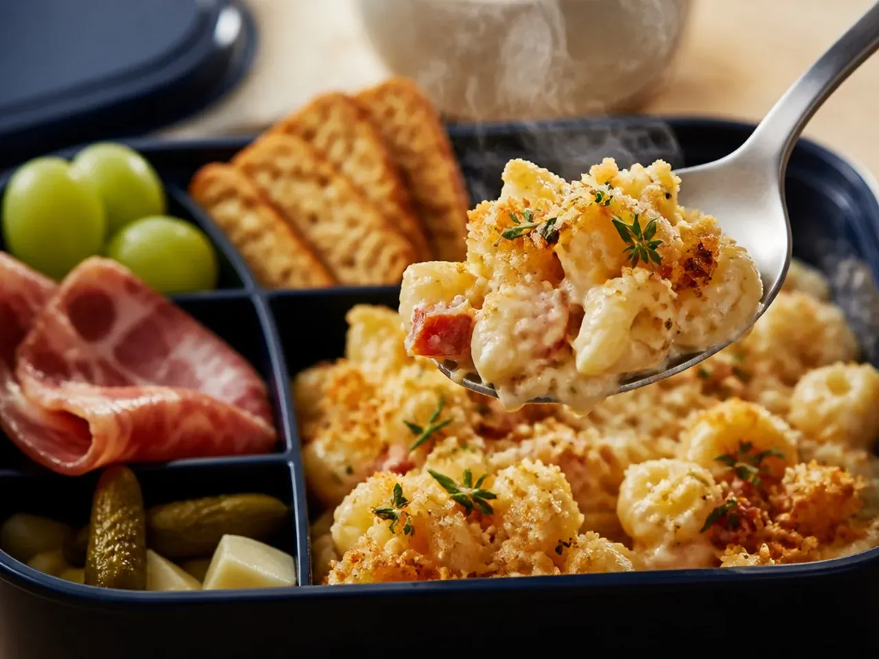 Mini charcuterie-style bento with cubed cheese, salami, grapes and crackers