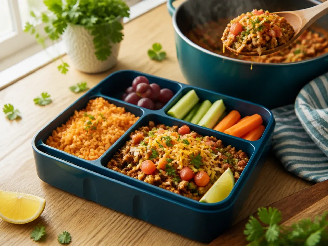 Taco bento box with seasoned mince, shredded cheese, tortilla strips and salsa cup