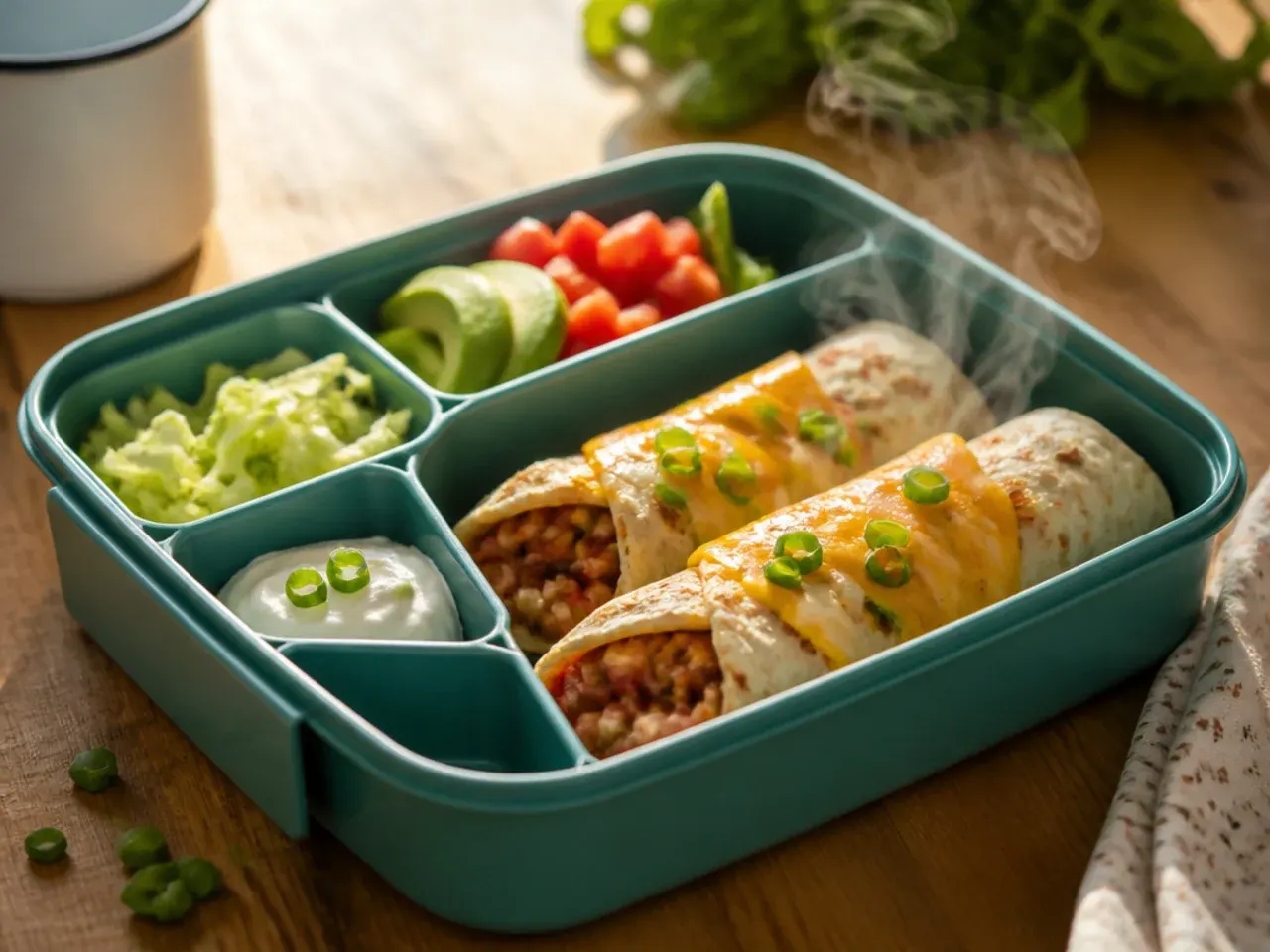 Deconstructed wrap bento with flat tortilla, sliced turkey, cheese and lettuce in separate compartments