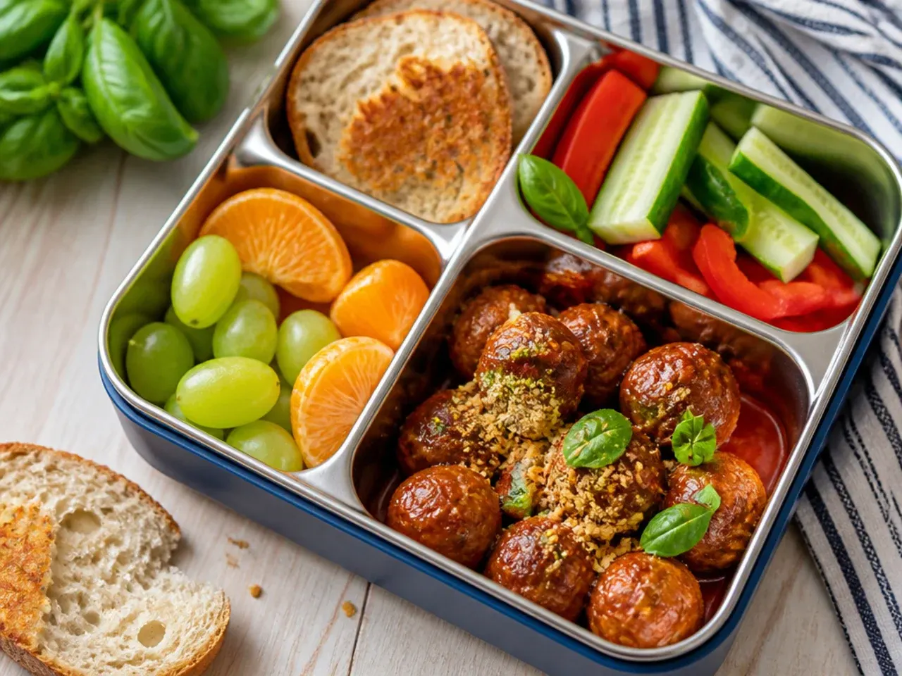 Mini baked meatballs with a small pot of marinara dipping sauce in a bento box