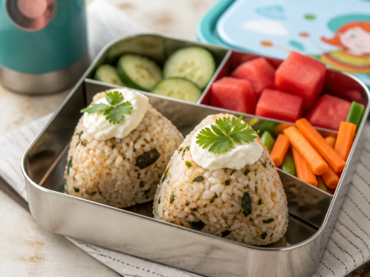 Triangular rice ball onigiri wrapped in nori strips in a kids bento box