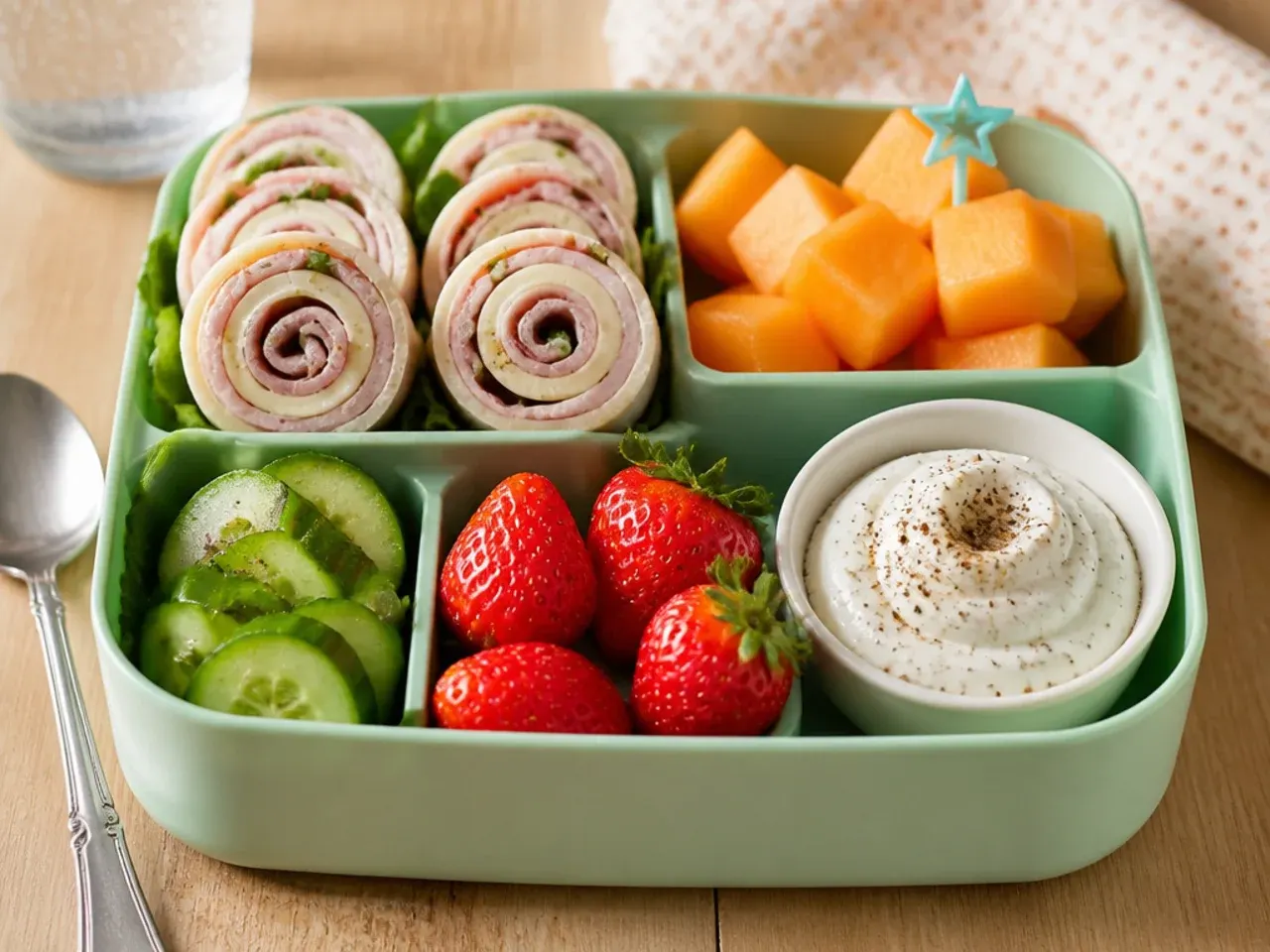 Rolled ham and Swiss cheese slices cut into pinwheel rounds in a bento box