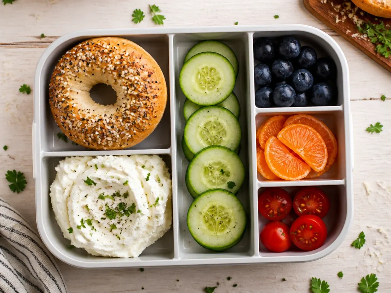 Quartered mini bagel with cream cheese next to blueberries in a bento box