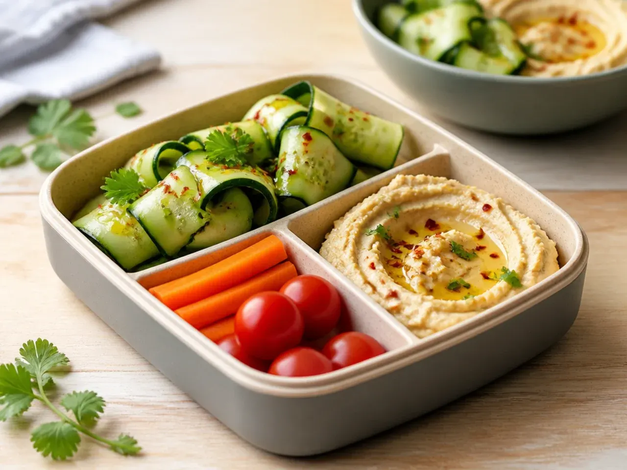 Cucumber ribbons curled next to a small pot of hummus in a bento lunch box