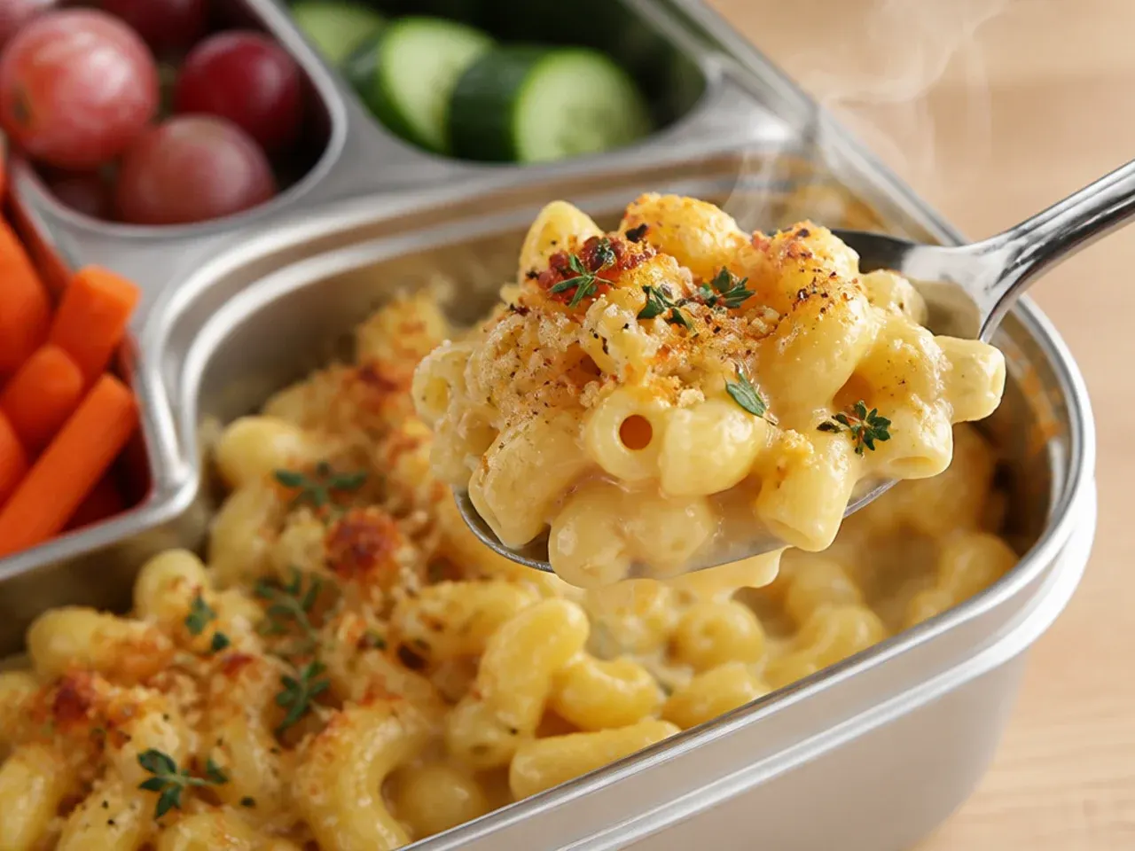 Warm mac and cheese in an insulated food jar with broccoli and grapes on the side