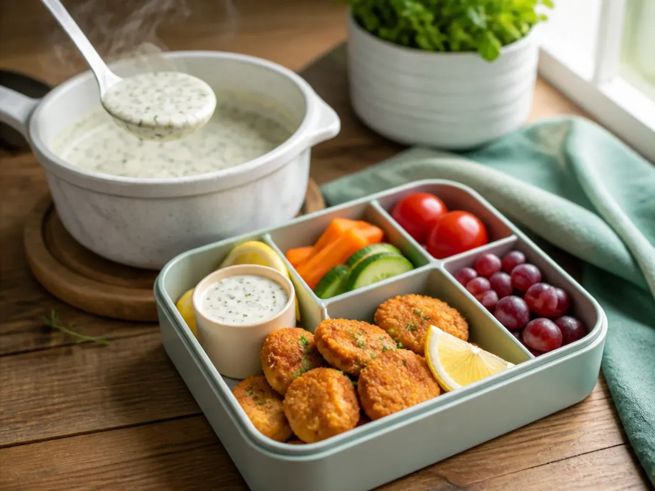 Baked chicken nuggets with a ranch dip pot and vegetable sticks in a bento box