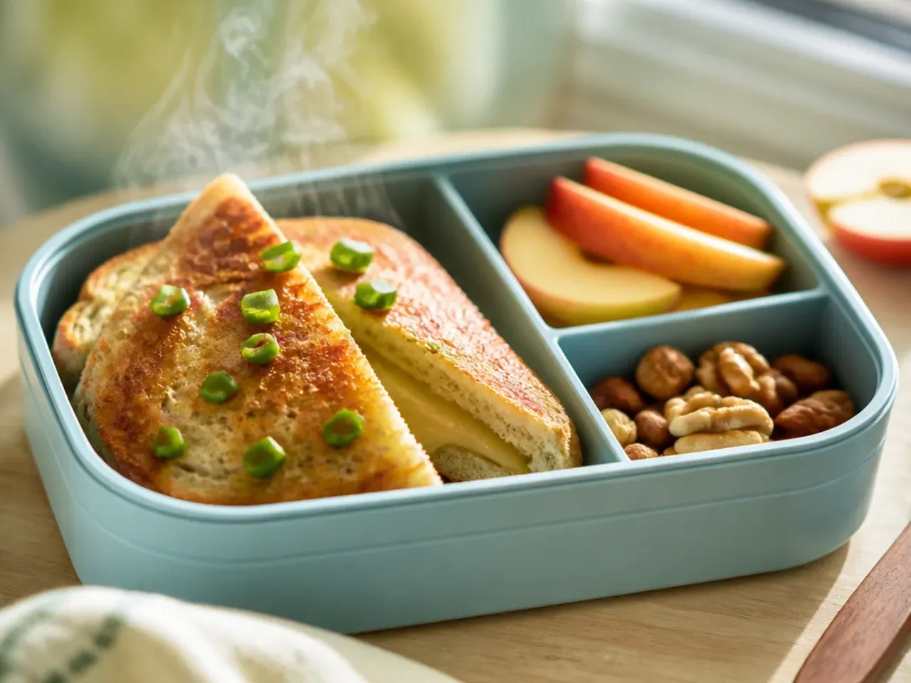 Apple wedges with a small pot of nut butter for dipping in a bento box