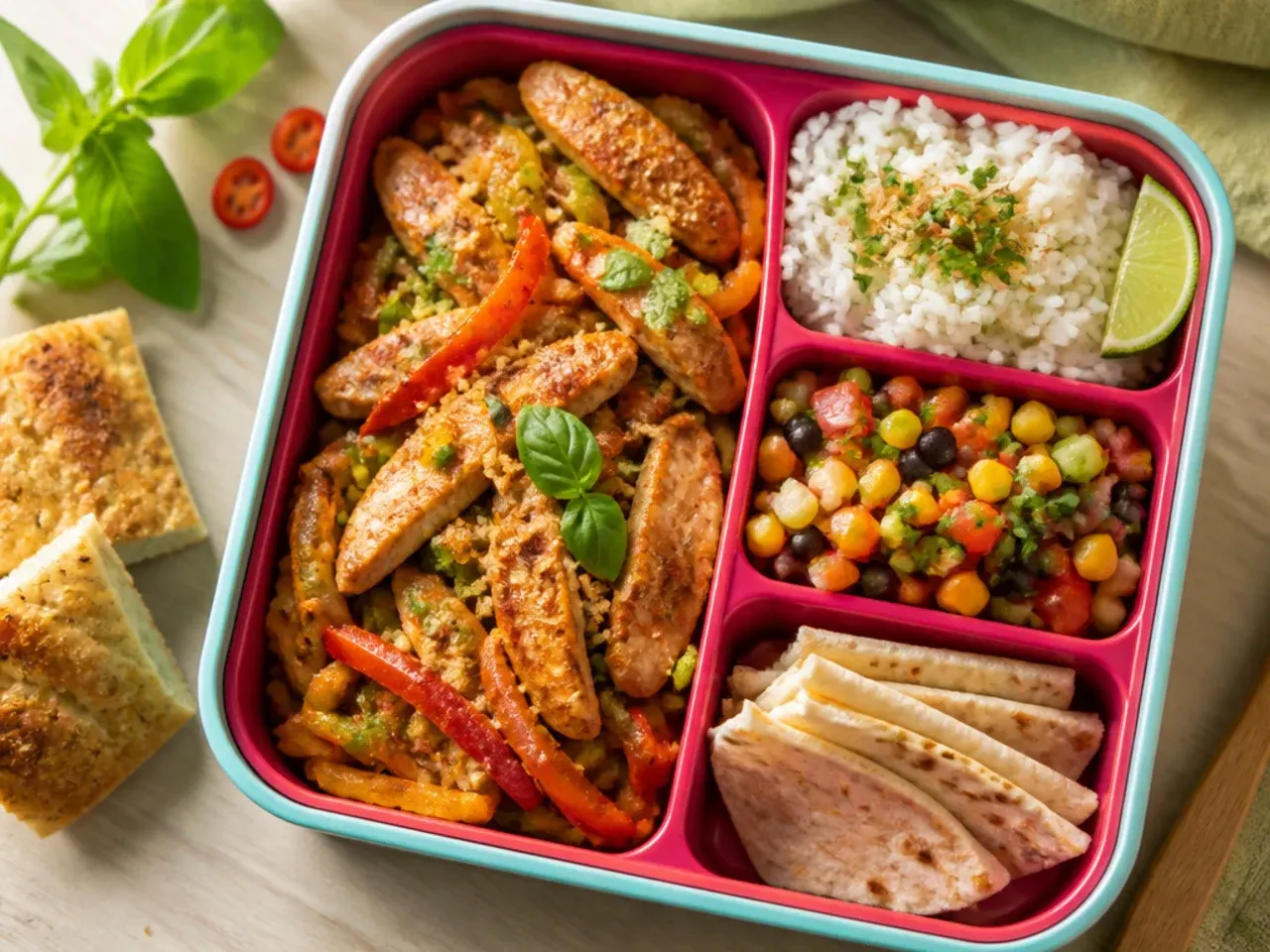 Chicken fajita strips with pepper strips and a small tortilla in a bento box