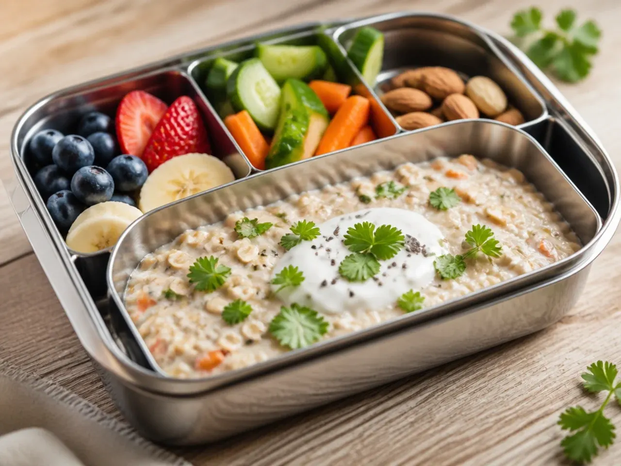Overnight oats topped with berries in a jar packed inside a bento lunch box