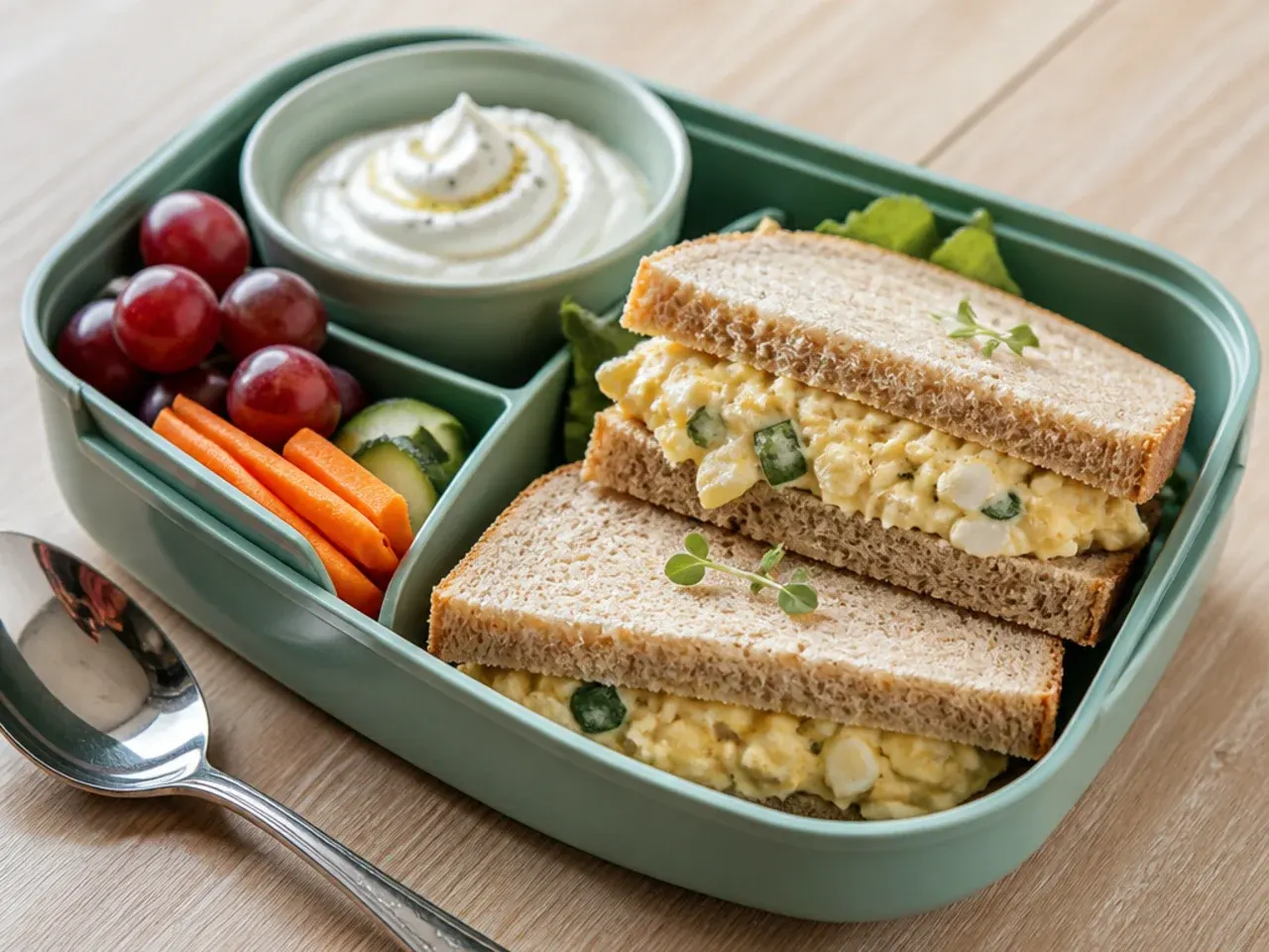 Egg salad sandwich triangles next to cucumber sticks and grapes in a bento box