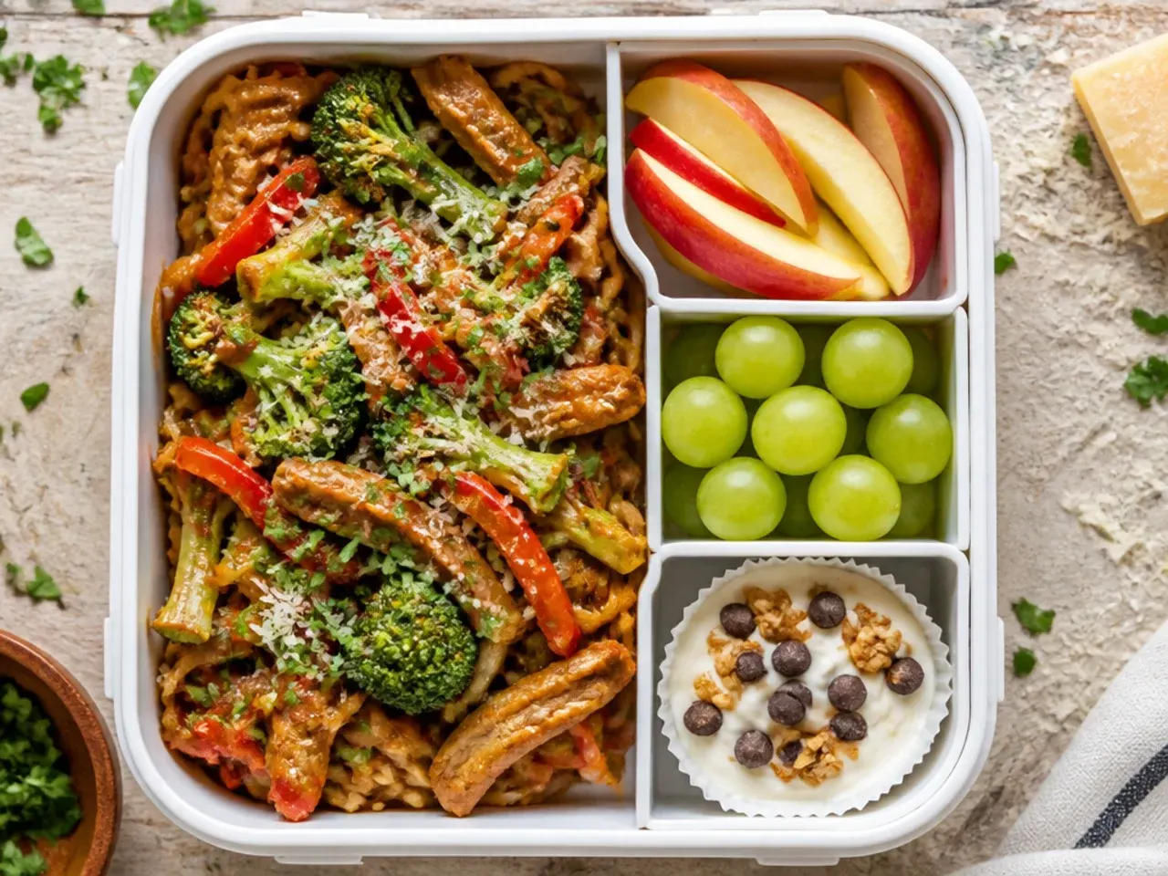 Leftover vegetable and chicken stir-fry packed into a bento box with mandarin segments
