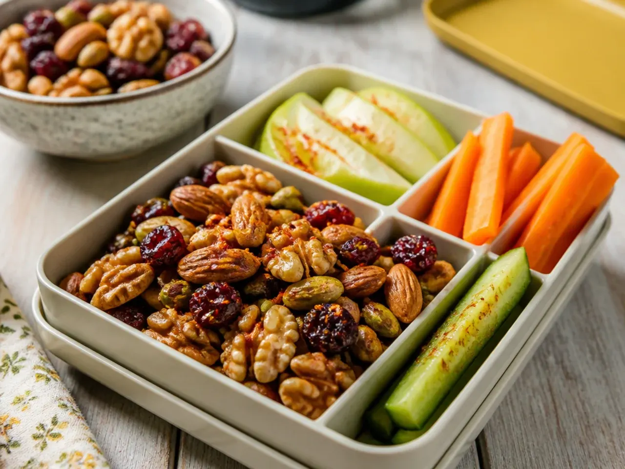 Homemade trail mix with dried fruit and pretzels next to cheese cubes in a bento box