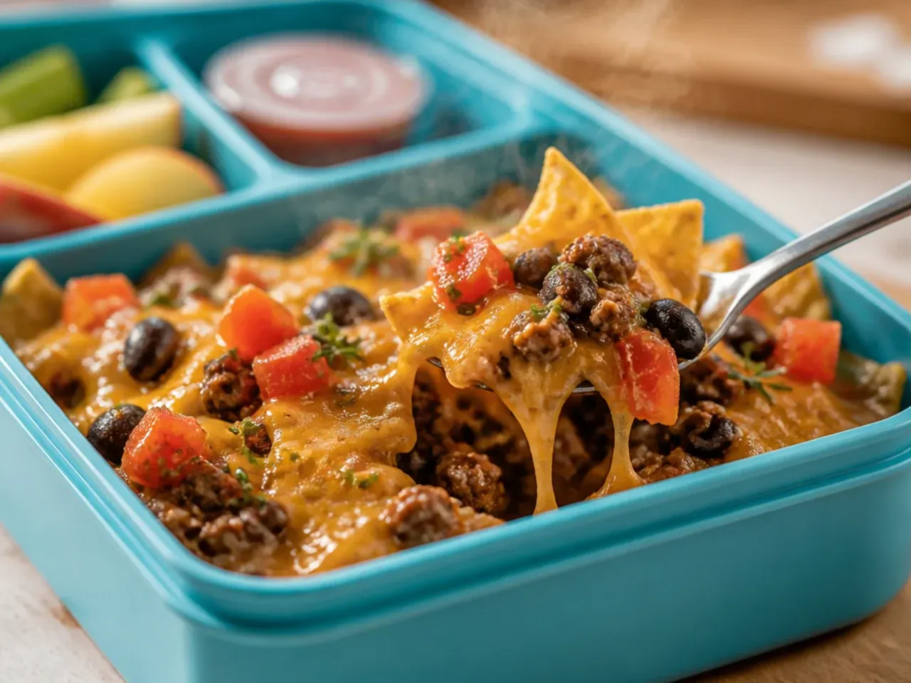 Loaded nacho bento with tortilla chips, cheese, black beans and a salsa dip cup