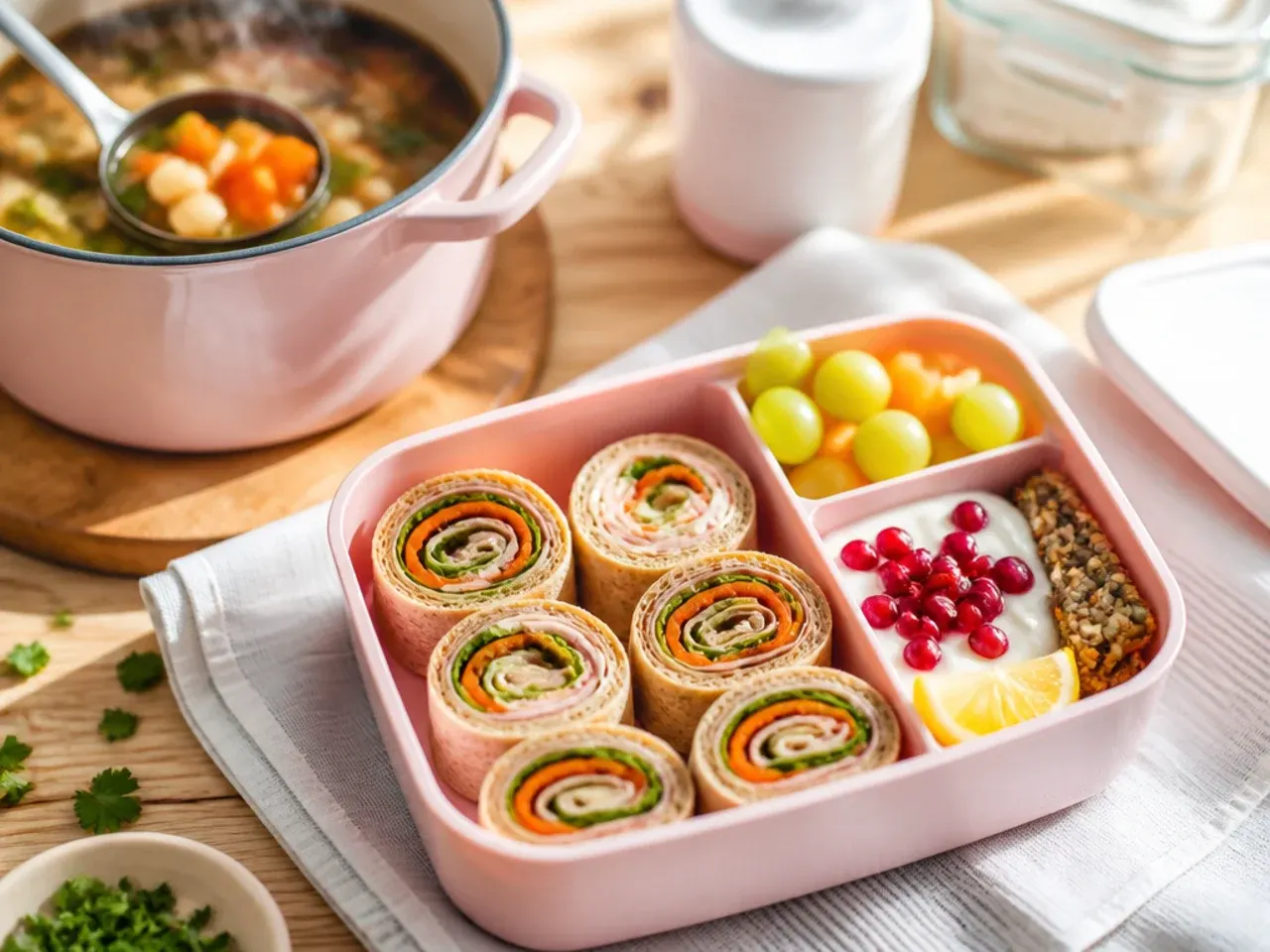 Rolled sandwich sliced into sushi-style rounds arranged in a bento box