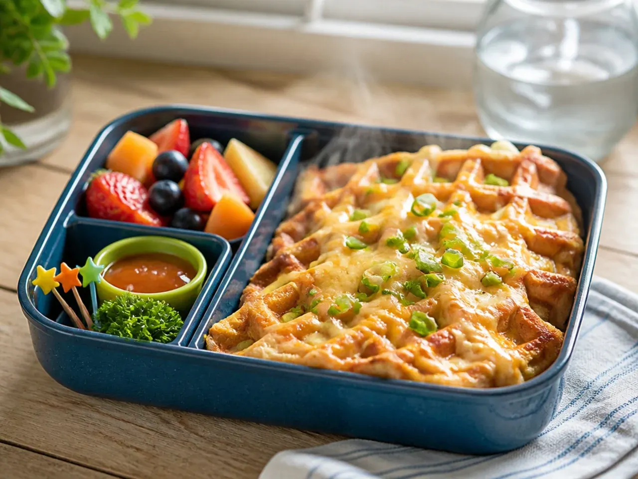Toasted waffle strips with a small syrup pot and sliced strawberries in a bento box