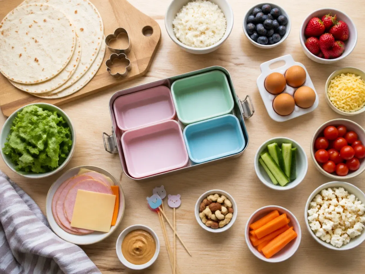 Close-up of a bento box being assembled with separate compartments for wet and dry foods