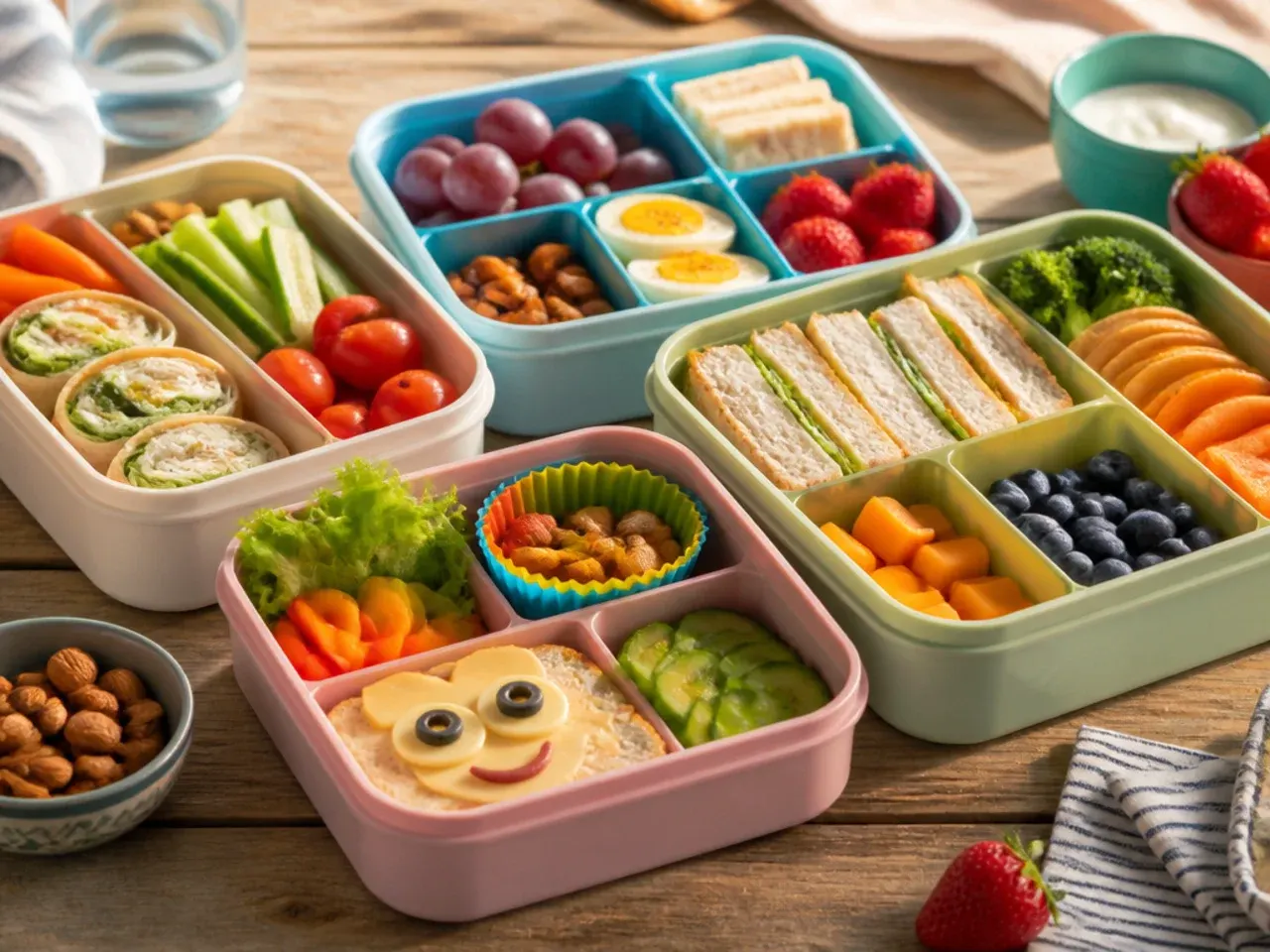 A child helping to pack a colourful bento box lunch at a kitchen counter