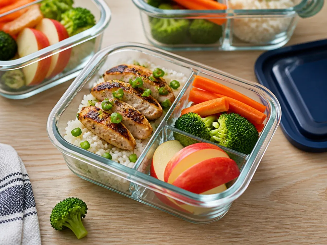 Prepped bento box components stored in fridge containers ready for the week