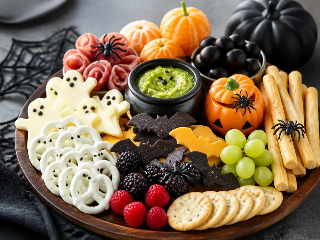 Overhead view of a Halloween-themed snack board arranged for children with cheese, grapes and crackers