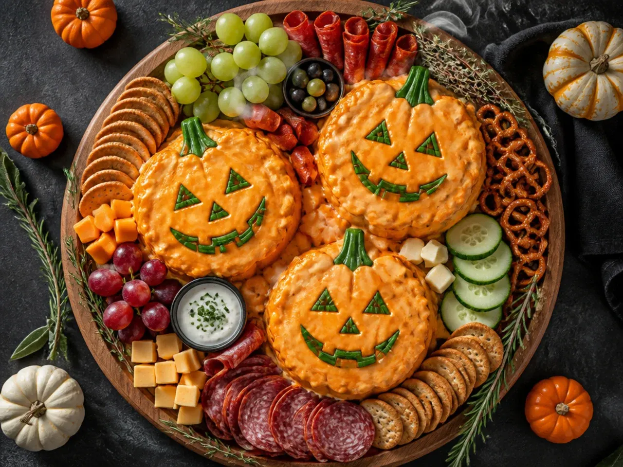 Classic pumpkin patch Halloween board with clementine pumpkins, cheddar cubes and grapes