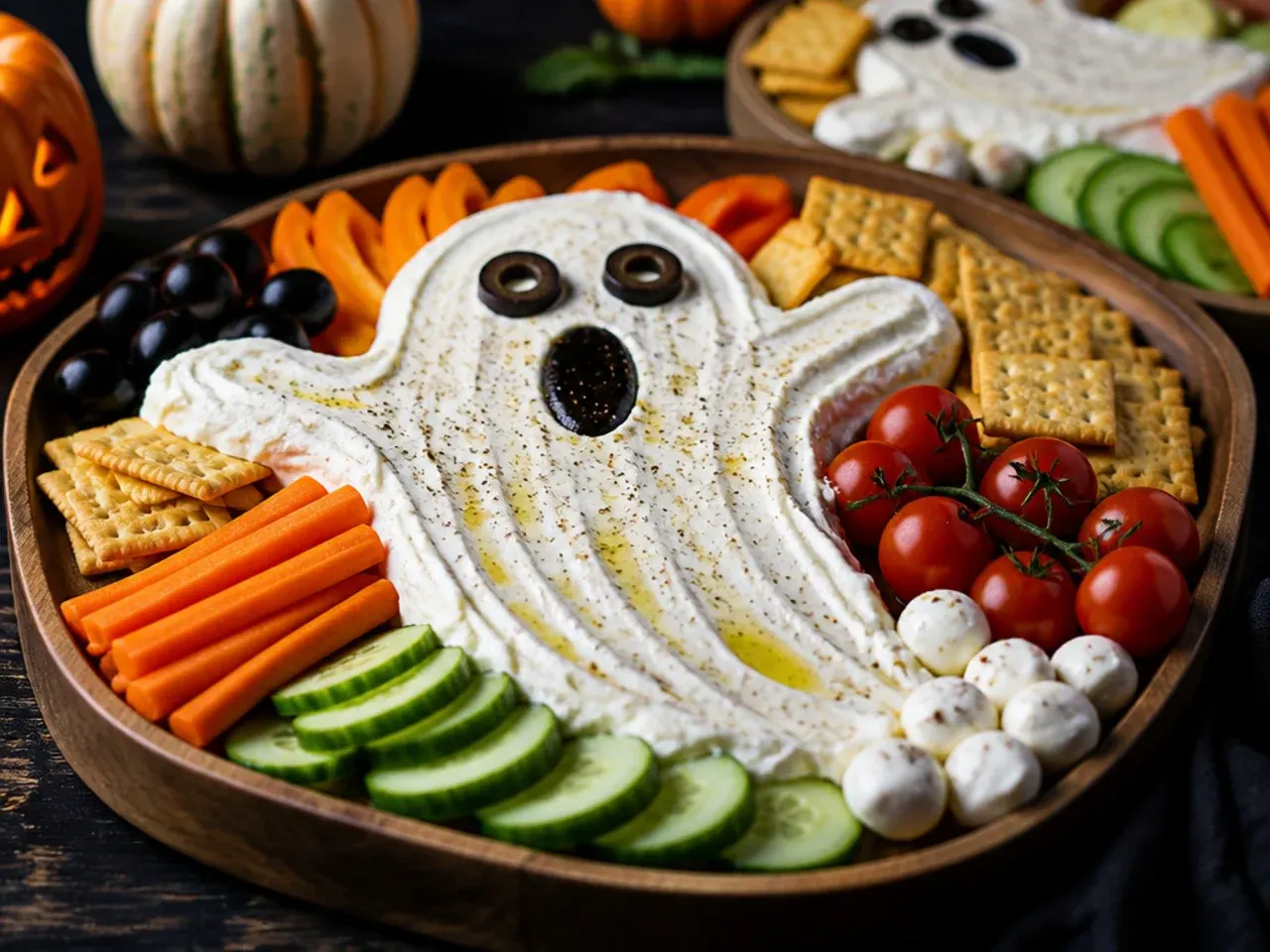 Easy no-cut Halloween snack board with pre-cubed cheese and marshmallow ghosts in small bowls