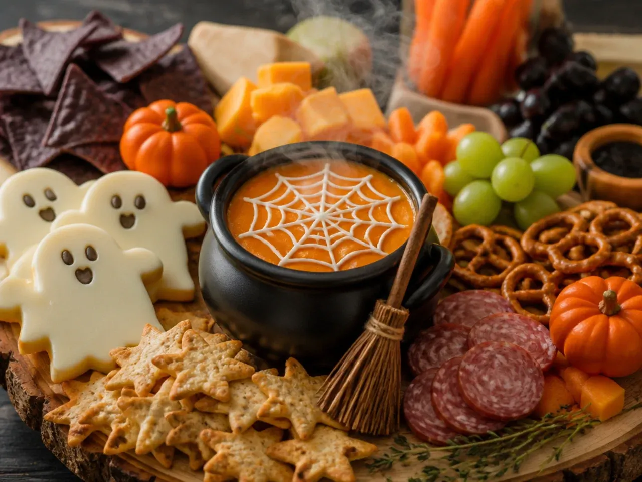 Cozy autumn harvest Halloween board with apple slices, pumpkin seeds and caramel dip