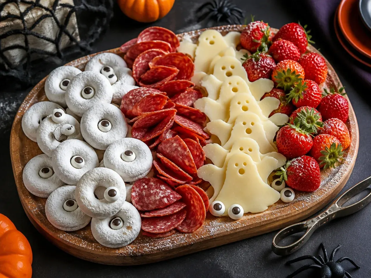 Simple four-ingredient Halloween board with cheese, crackers, grapes and pretzels in neat rows