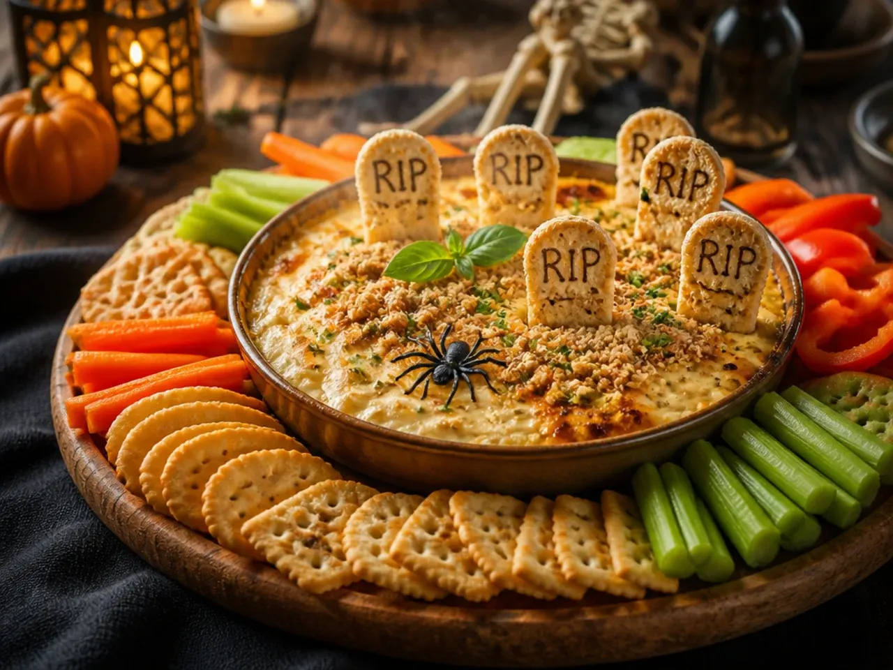 Creamy graveyard-themed Halloween dip board with breadstick headstones and cookie crumb dirt