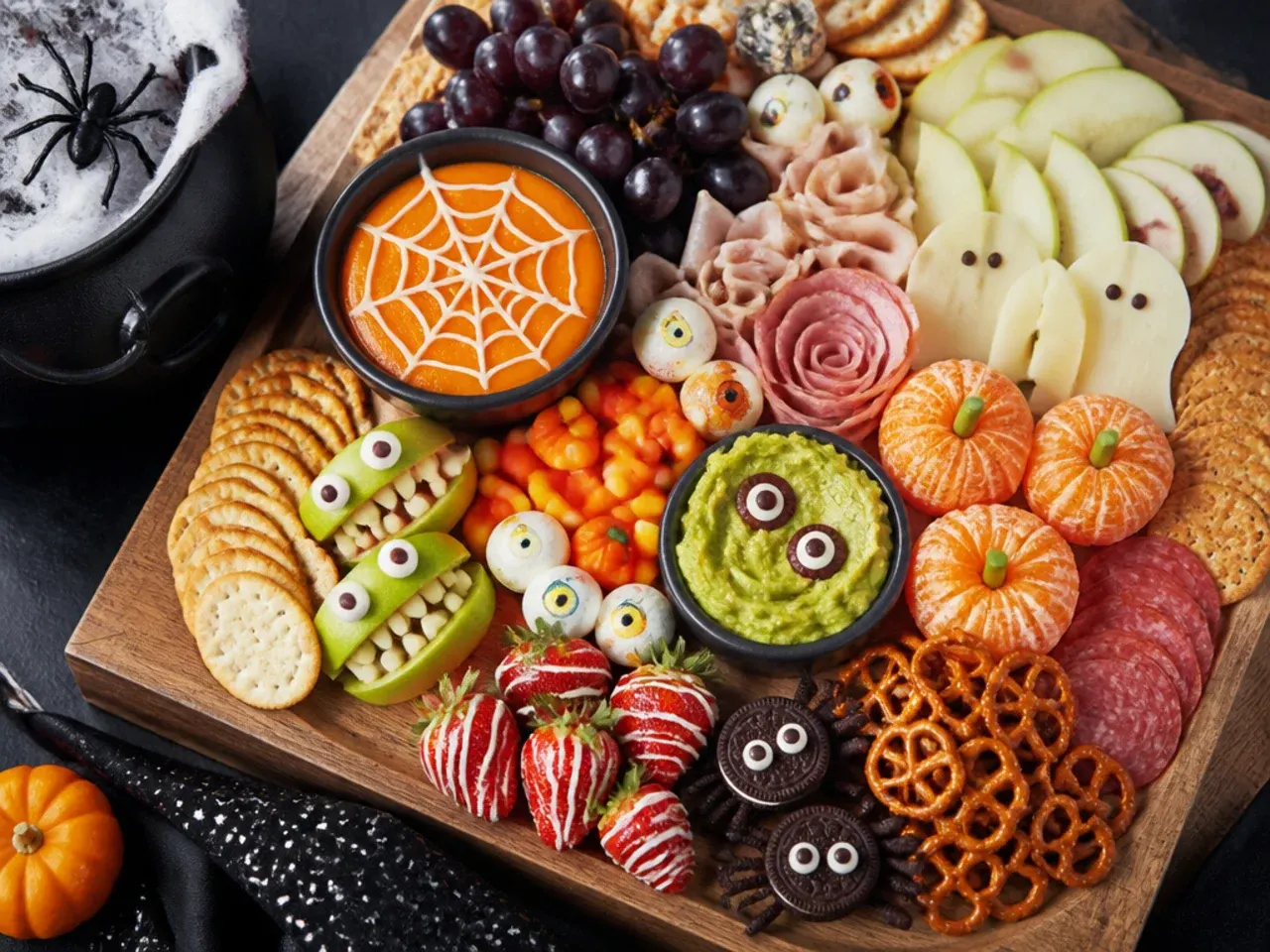Loaded Halloween party board with a hollowed pumpkin dip bowl and multiple snack sections
