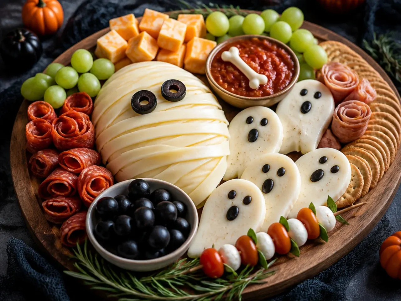 Best-ever Halloween board with banana ghosts, mummy-wrapped mozzarella and clementine pumpkins
