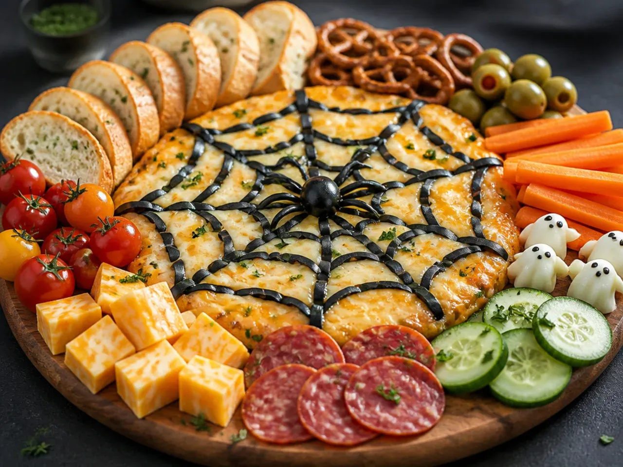 Cheesy spiderweb-patterned Halloween board with string cheese skeleton spines