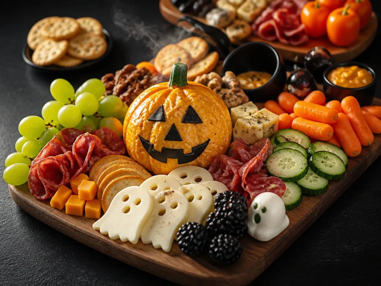 Crowd-pleasing Halloween party board split into sweet and savoury sections