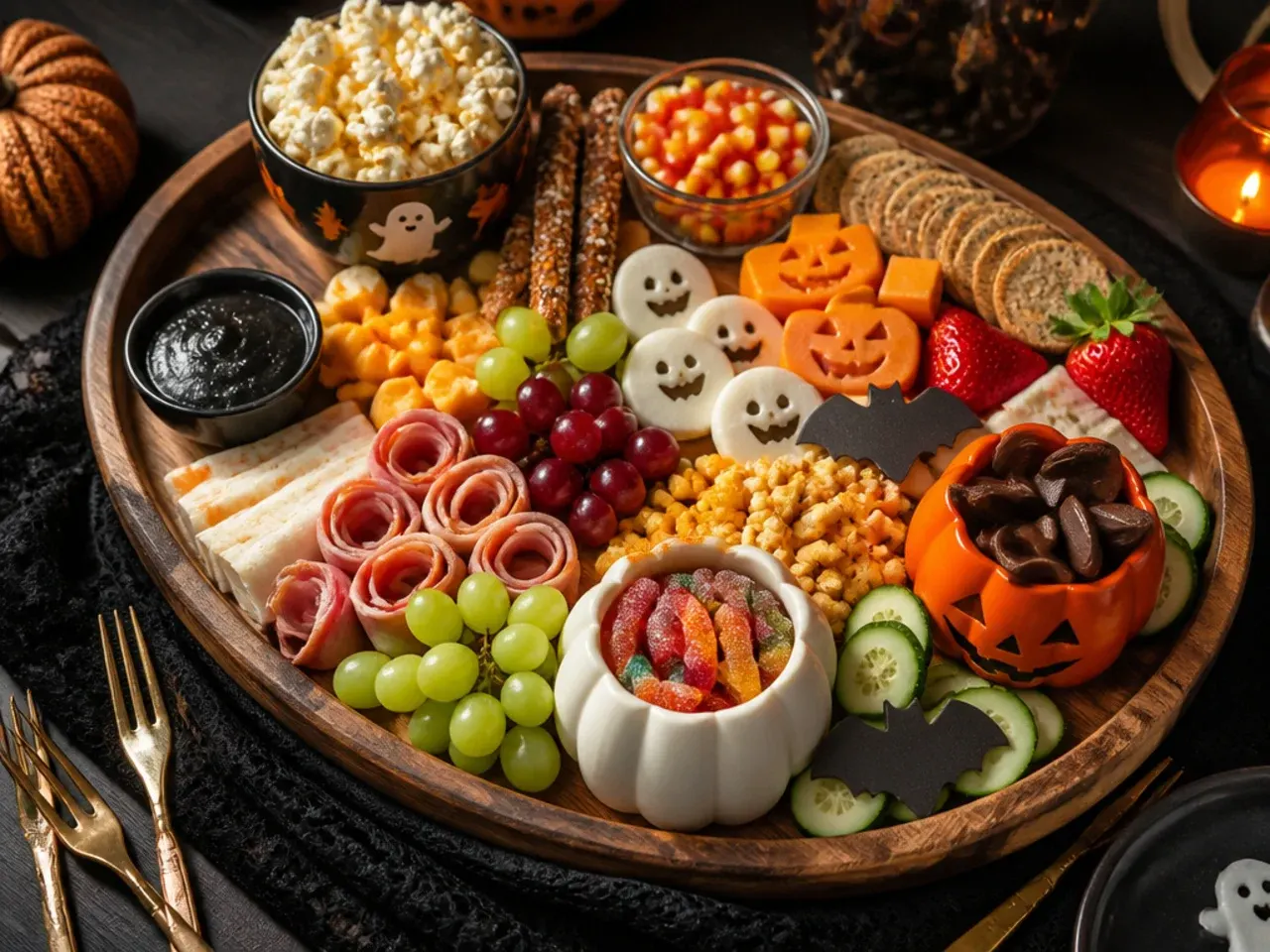 Family movie night Halloween snack board with popcorn, cheese cubes and pretzels