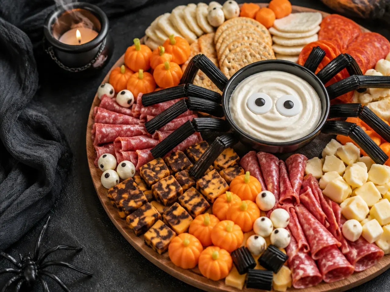 Quick Halloween board with olive spiders on soft cheese, crackers and grapes