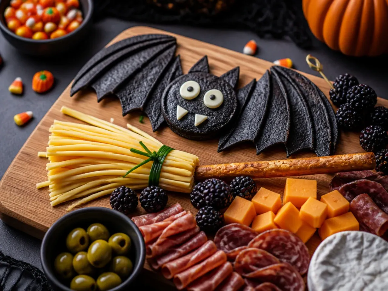 Homemade Halloween board with bat-shaped cheese and pretzel stick broomsticks