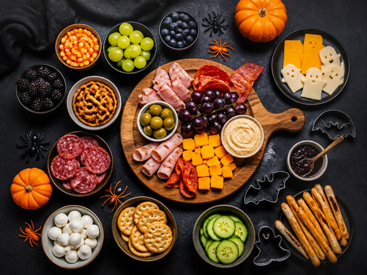 Close-up of hands arranging small Halloween snacks to fill gaps on a charcuterie board