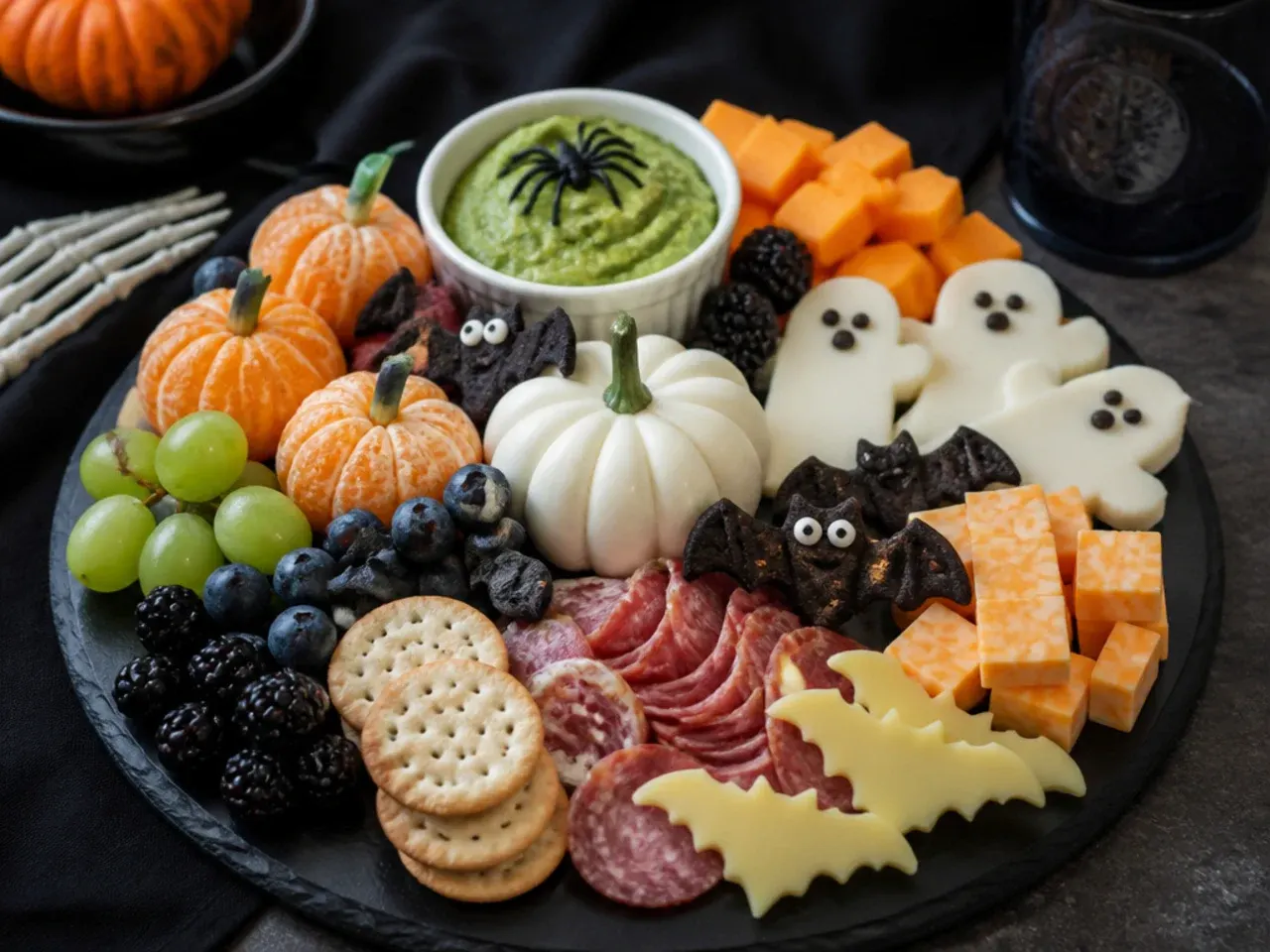 Kids halloween charcuterie board served with small plates and a jug of apple juice