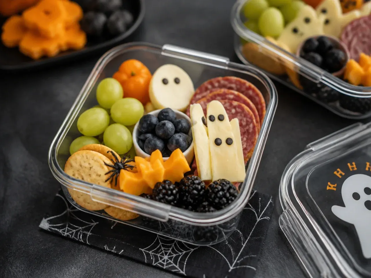 Halloween snack board covered with cling film for fridge storage