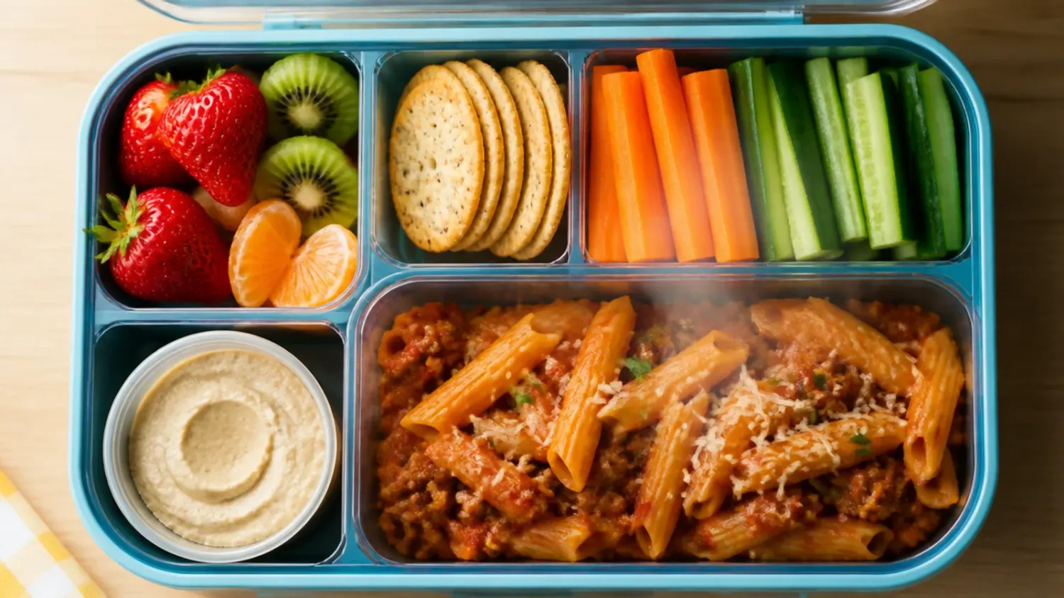 Overhead view of a colourful kids' lunch box filled with ham and cheddar egg muffins, cucumber sticks, cherry tomatoes and fresh berries