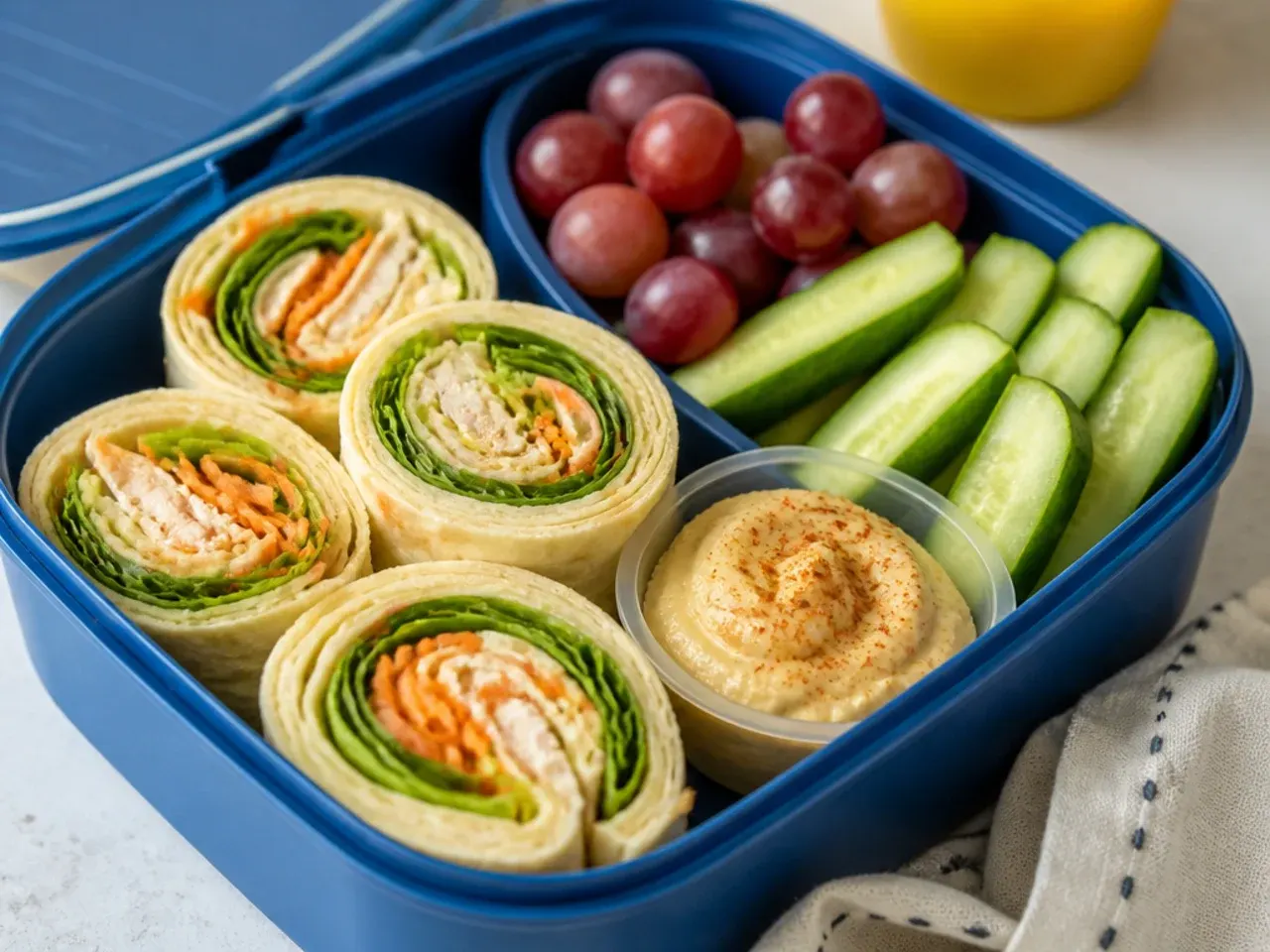 Bright flat-lay of several kids' lunch boxes side by side showing egg muffins, sandwiches, wraps, fruit and vegetables