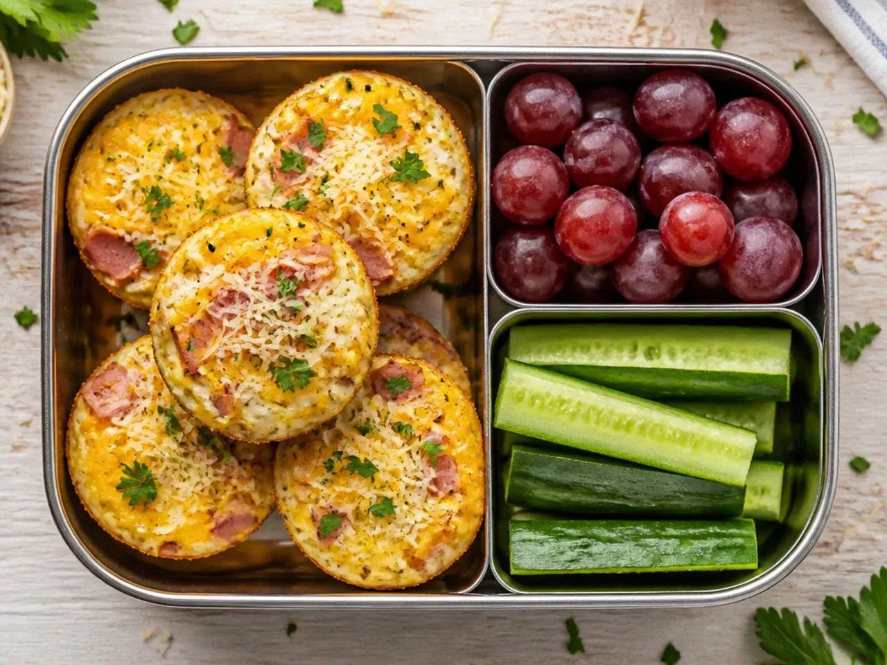 Golden ham and cheddar egg muffins cooling on a wire rack next to a muffin tin