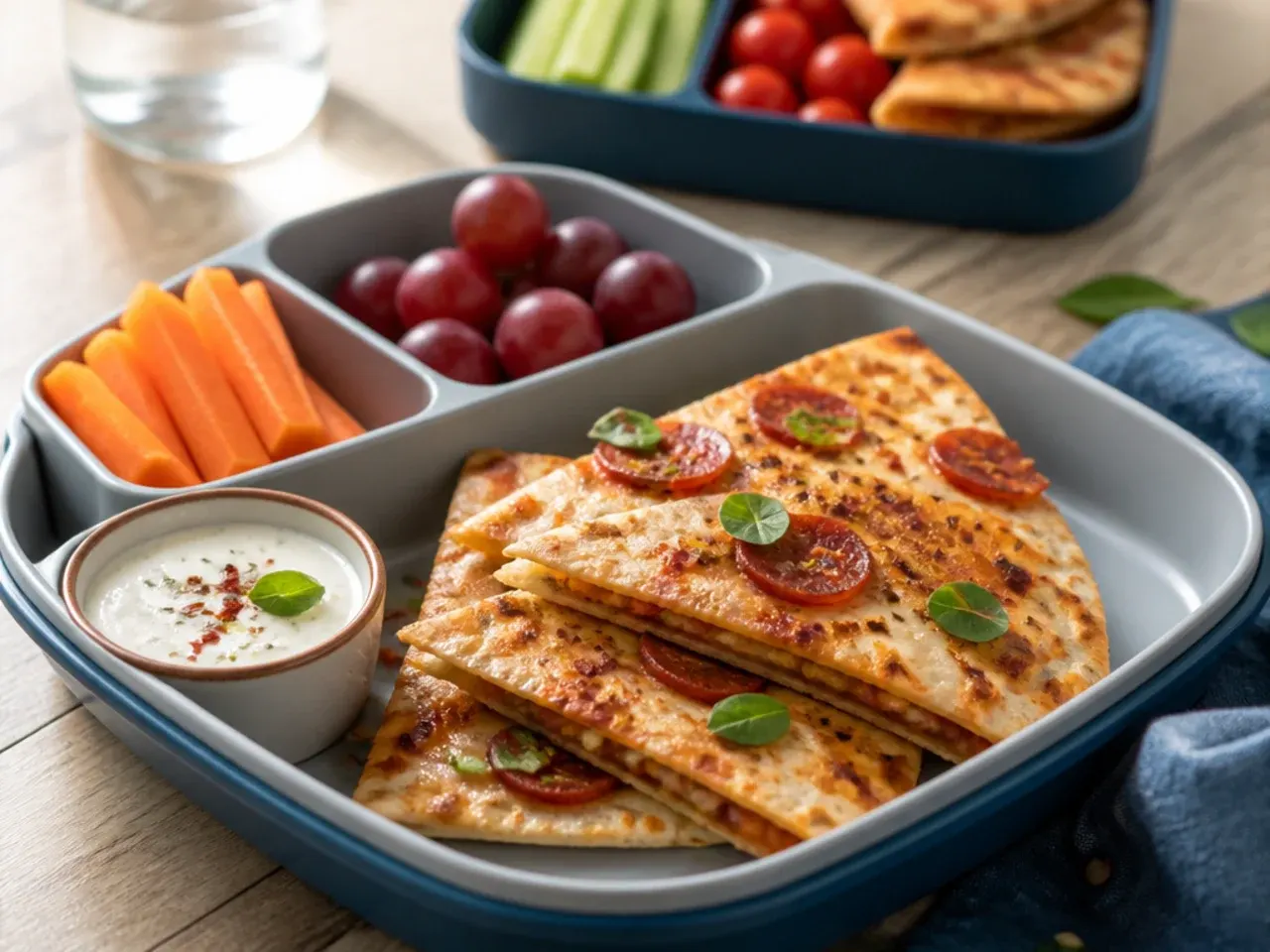 Pepperoni pizza quesadilla wedges stacked with melted cheese visible at the edges