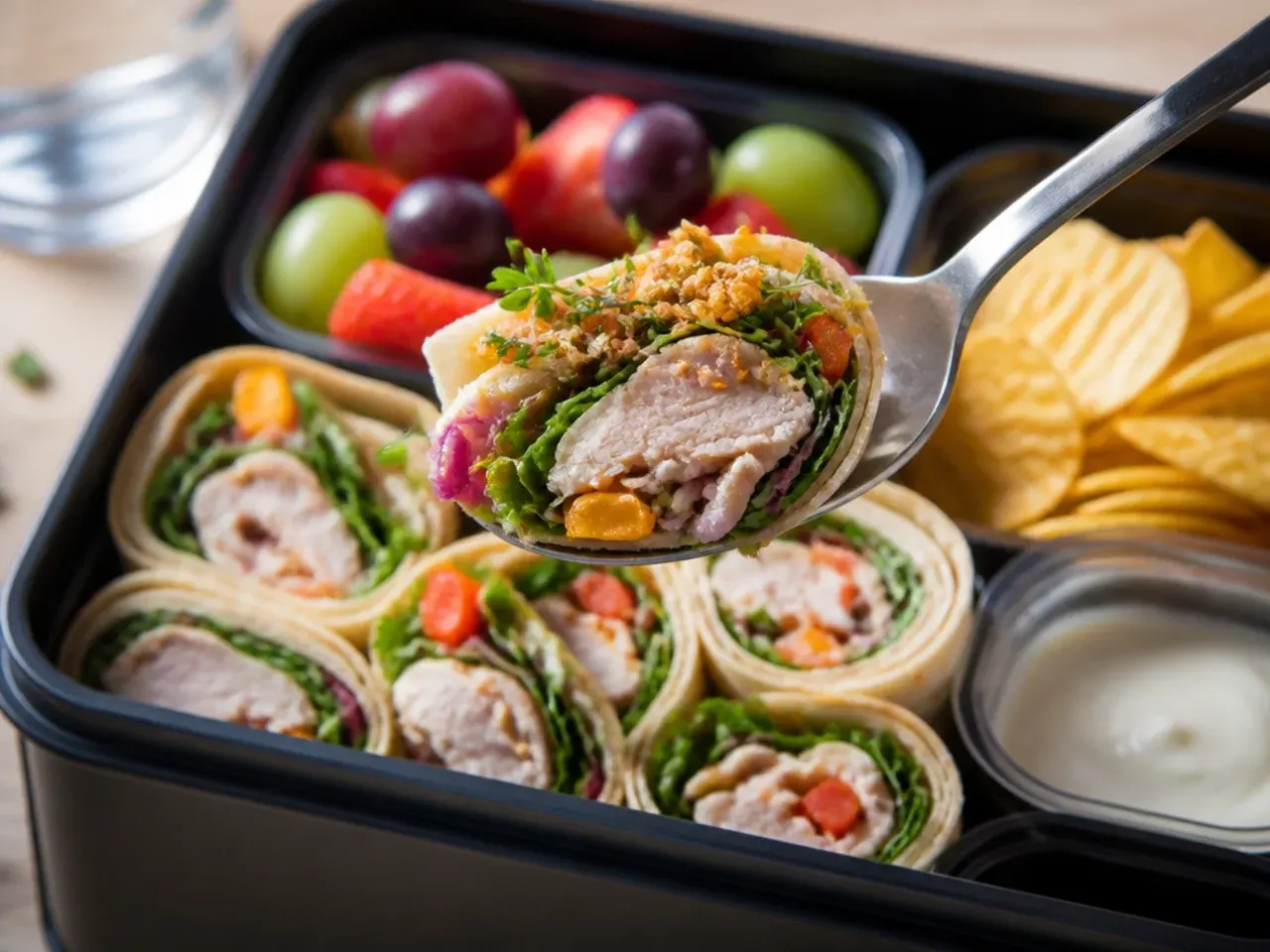 Sliced turkey and salad wrap pinwheels arranged in a lunch box compartment