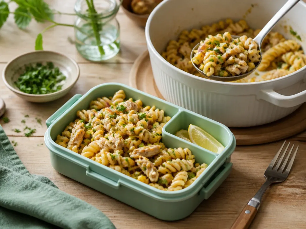 Bowl of chicken and sweetcorn pasta salad packed into a lunch box container