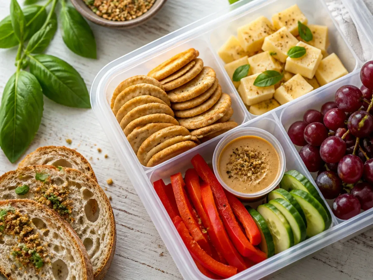 Cubed cheddar cheese and wholegrain crackers arranged in separate lunch box compartments