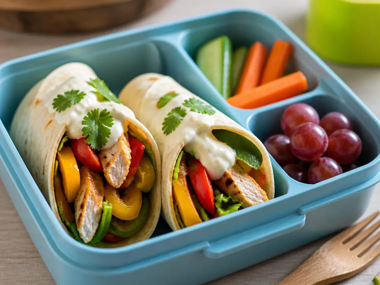 Sliced chicken fajita wrap with roasted peppers and melted cheese
