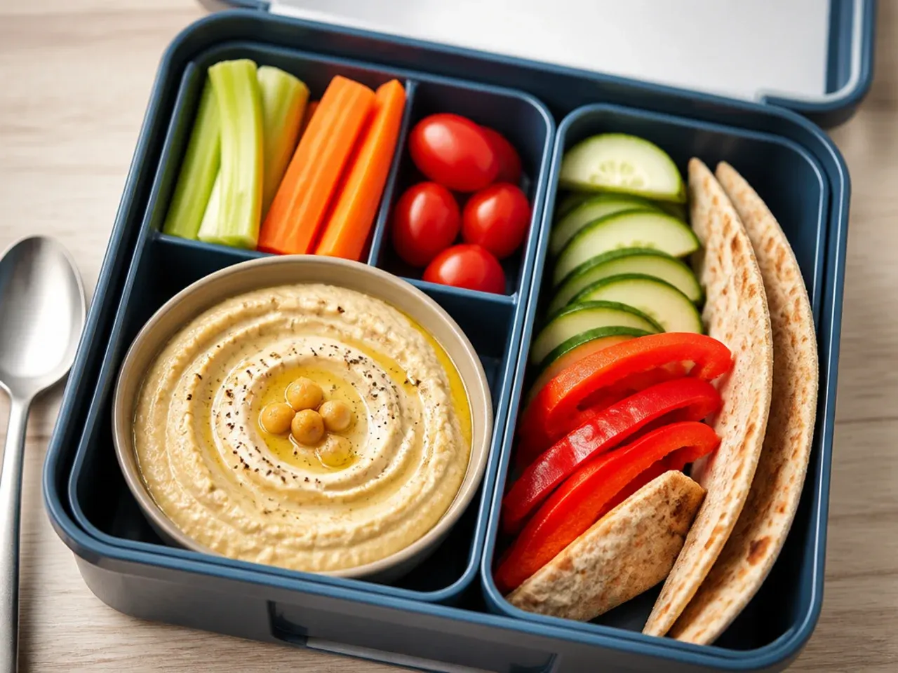 Carrot, cucumber and pepper sticks arranged around a small pot of hummus