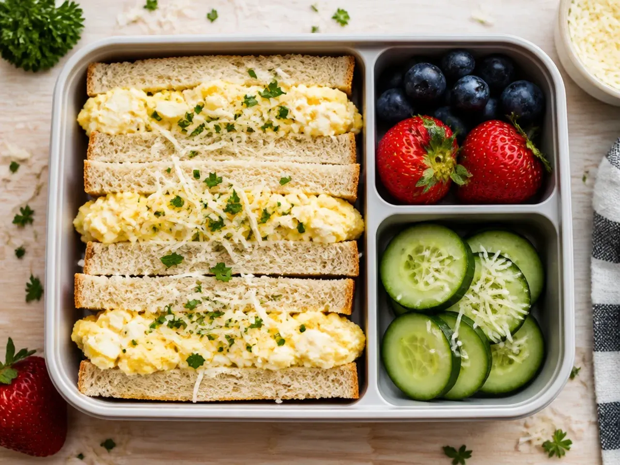 Egg mayo sandwich cut into quarters on a lunch box tray